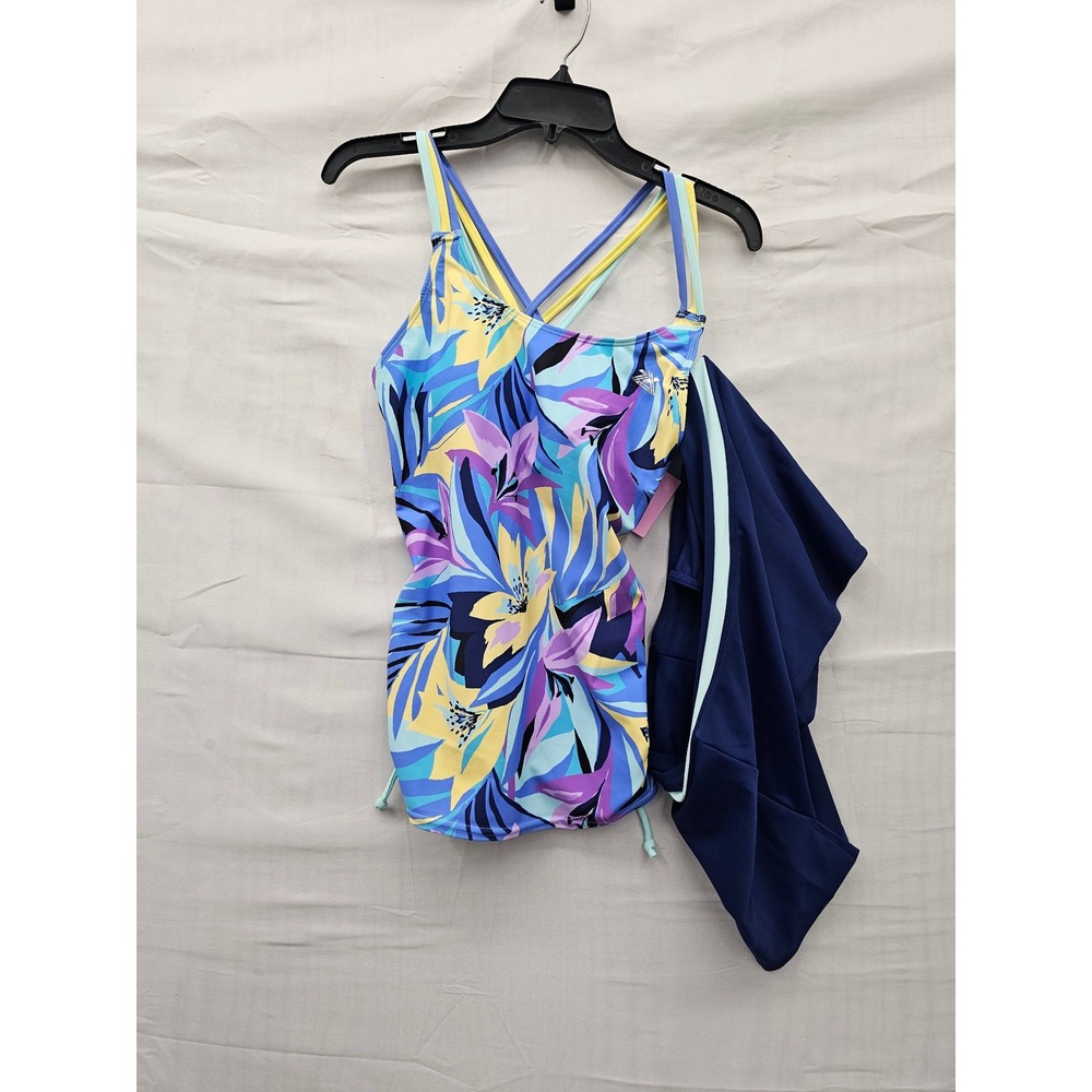 ZeroXposur Womens Floral Tankini Top Blue Polyester Blend Swimwear Size S